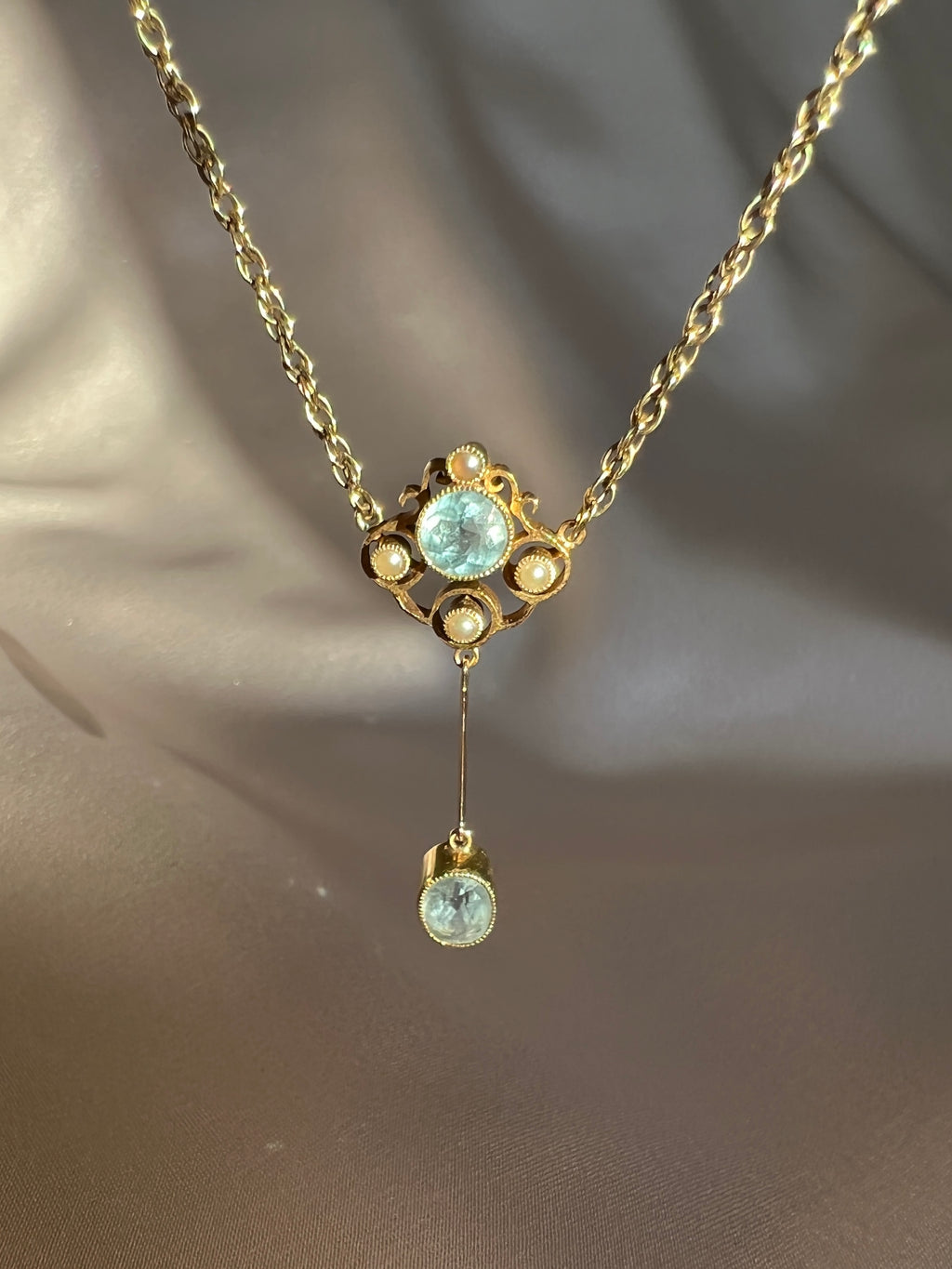 Antique 9k Aquamarine Pearl Edwardian Necklace