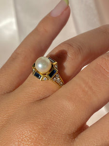 Vintage 18k Pearl Sapphire Diamond Cluster Ring