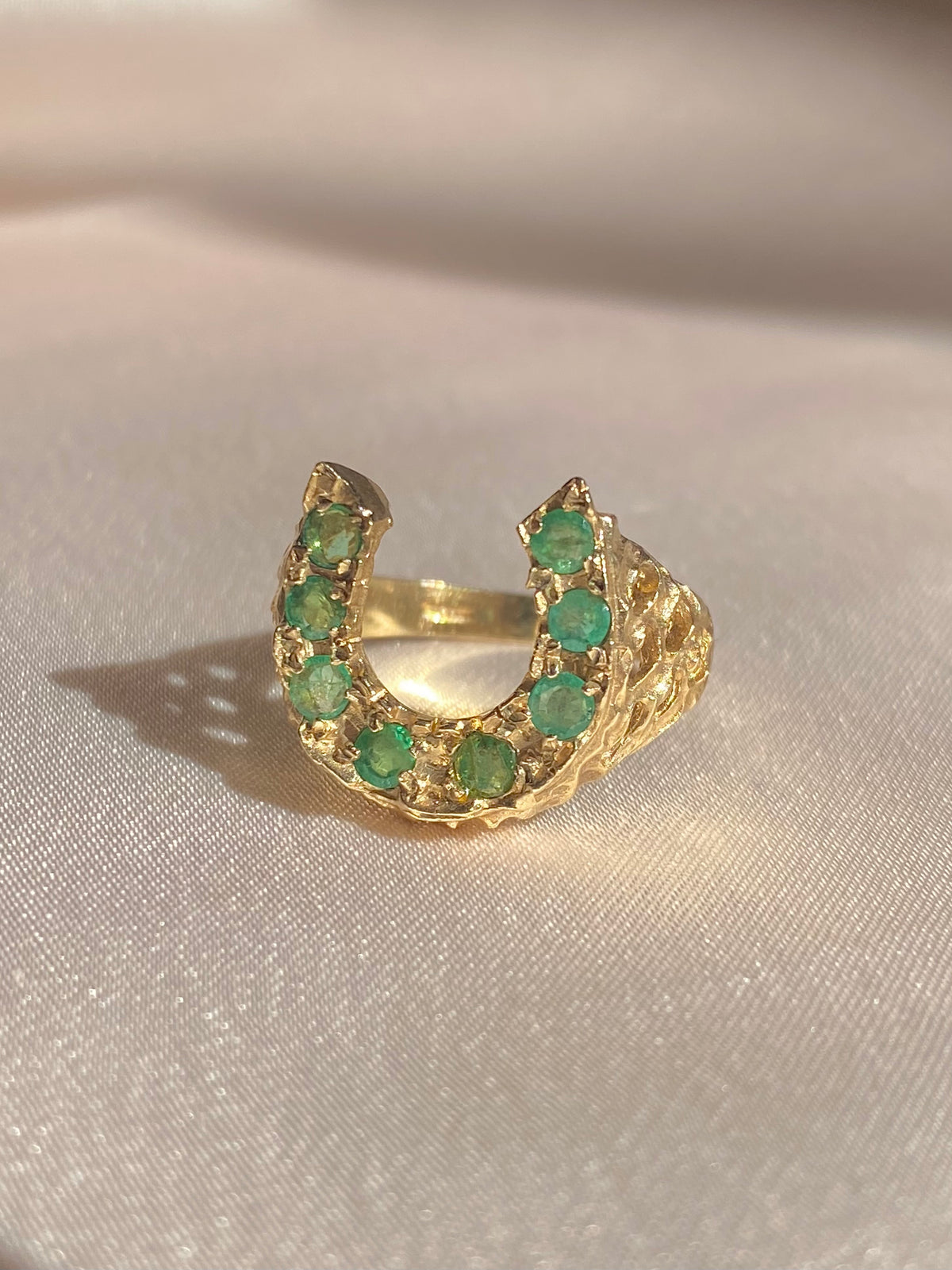 Vintage 9k Emerald Brutalist Horseshoe Ring