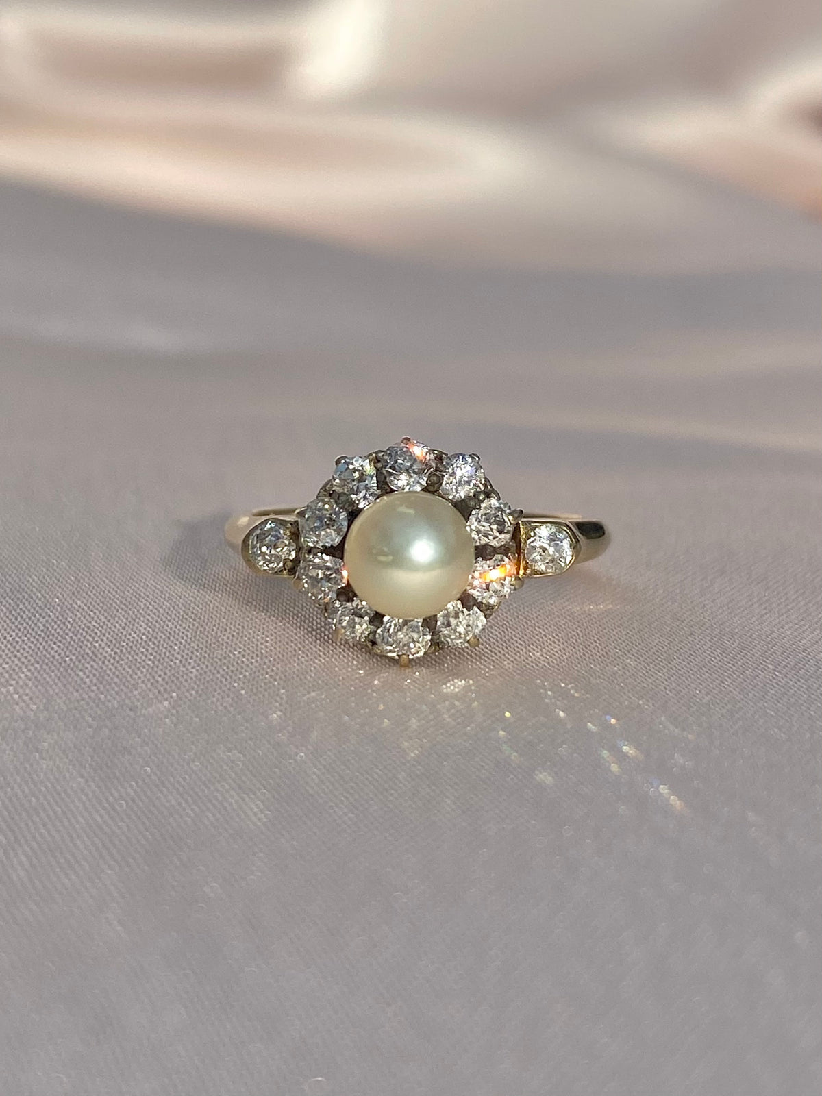 Antique 18k Deco Diamond Pearl Cluster Engagement Ring