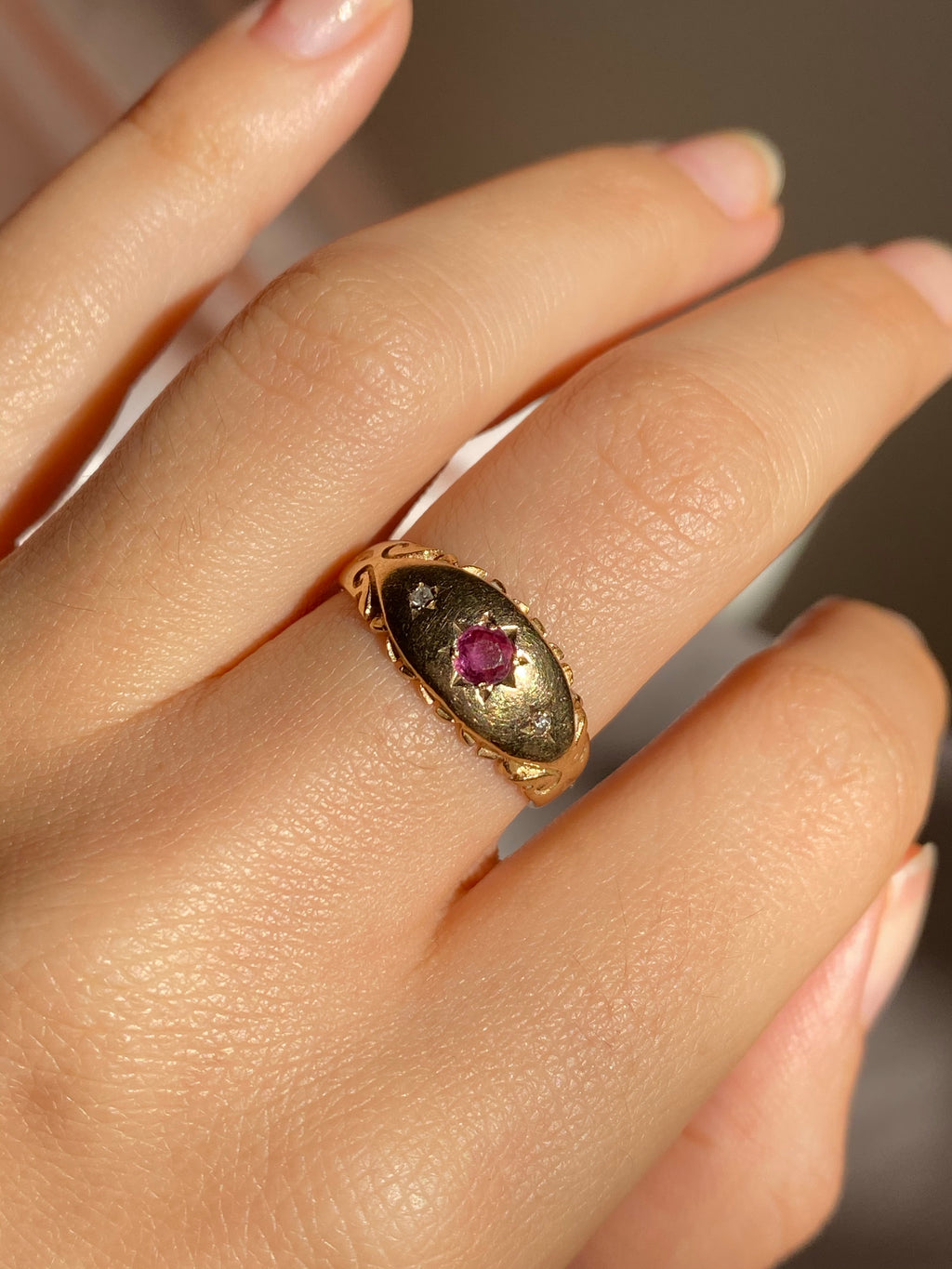 Vintage 9k Gold Ruby and Diamond Starburst Gypsy Ring