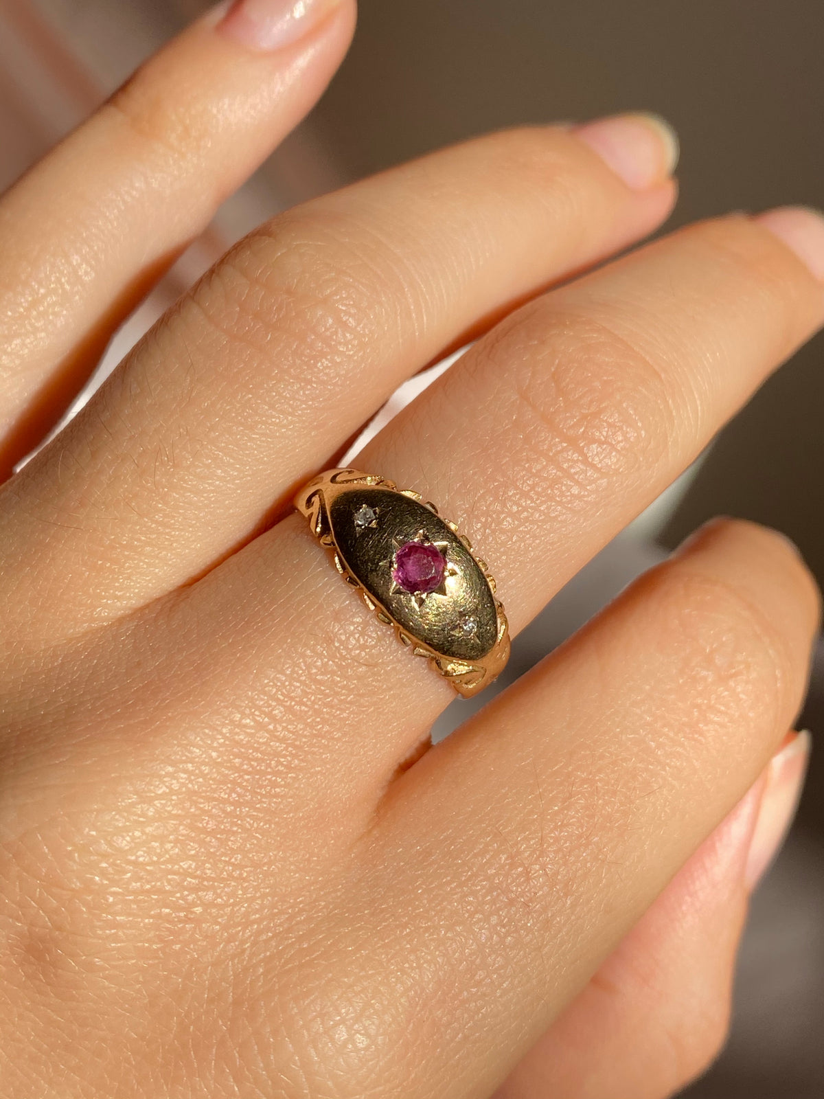 Vintage 9k Gold Ruby and Diamond Starburst Gypsy Ring