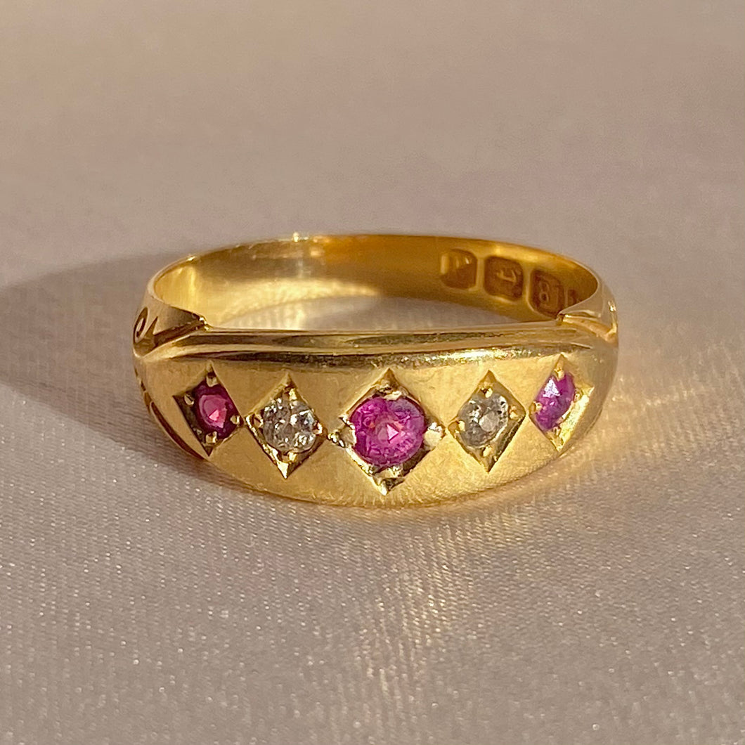Antique 18k Ruby Diamond Eternity Gypsy Ring 1900