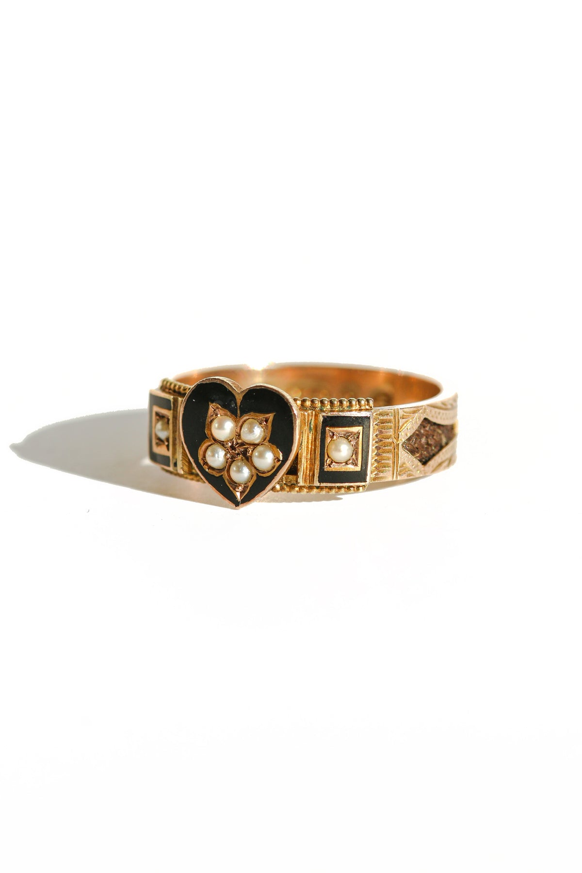 Antique 9k Pearl Enamel Heart Ring 1896