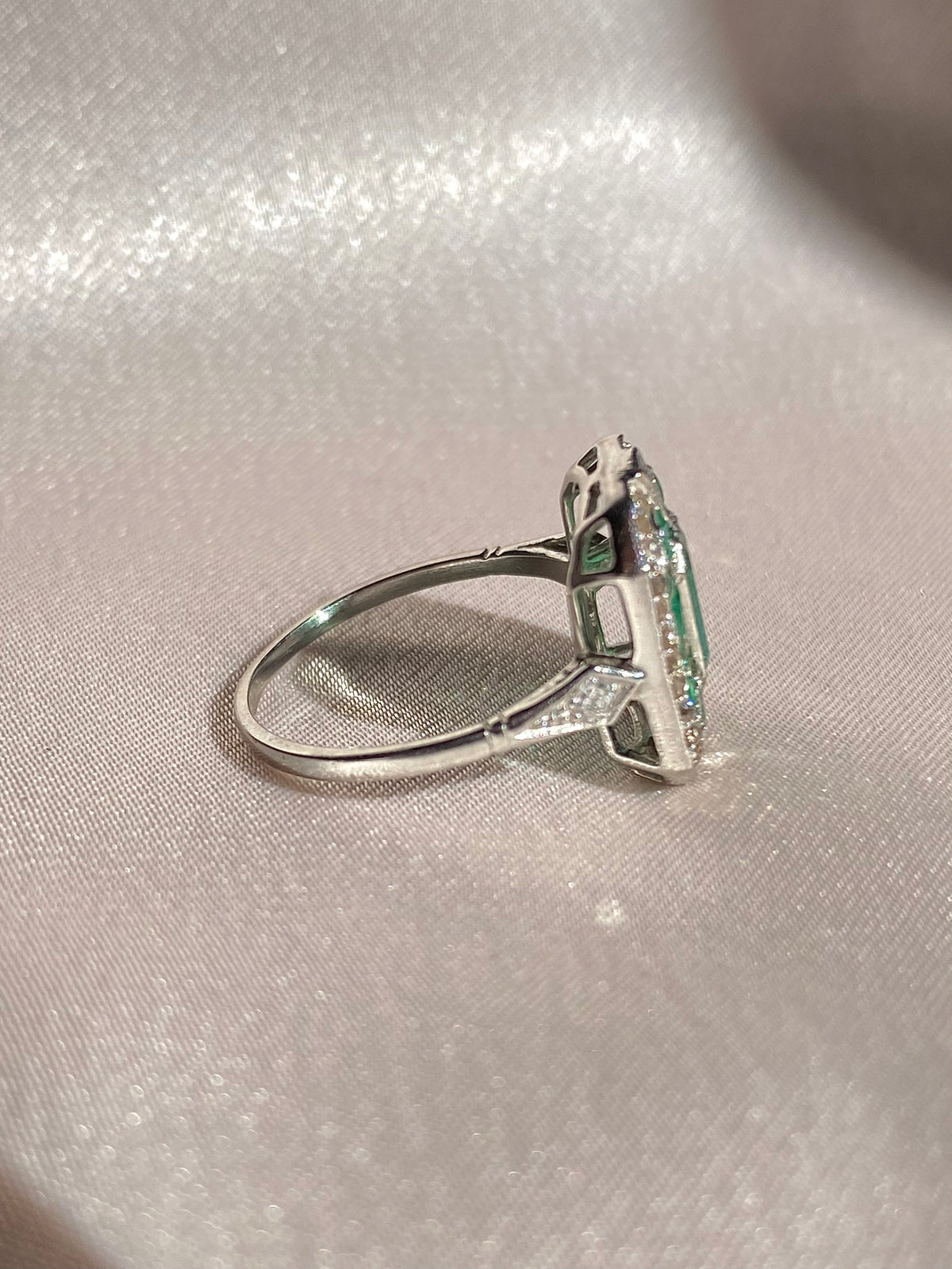 Platinum Emerald Rose Cut Diamond Ring