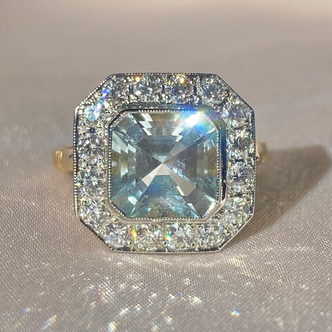 Vintage 18k Platinum Asscher Aquamarine Diamond Ring
