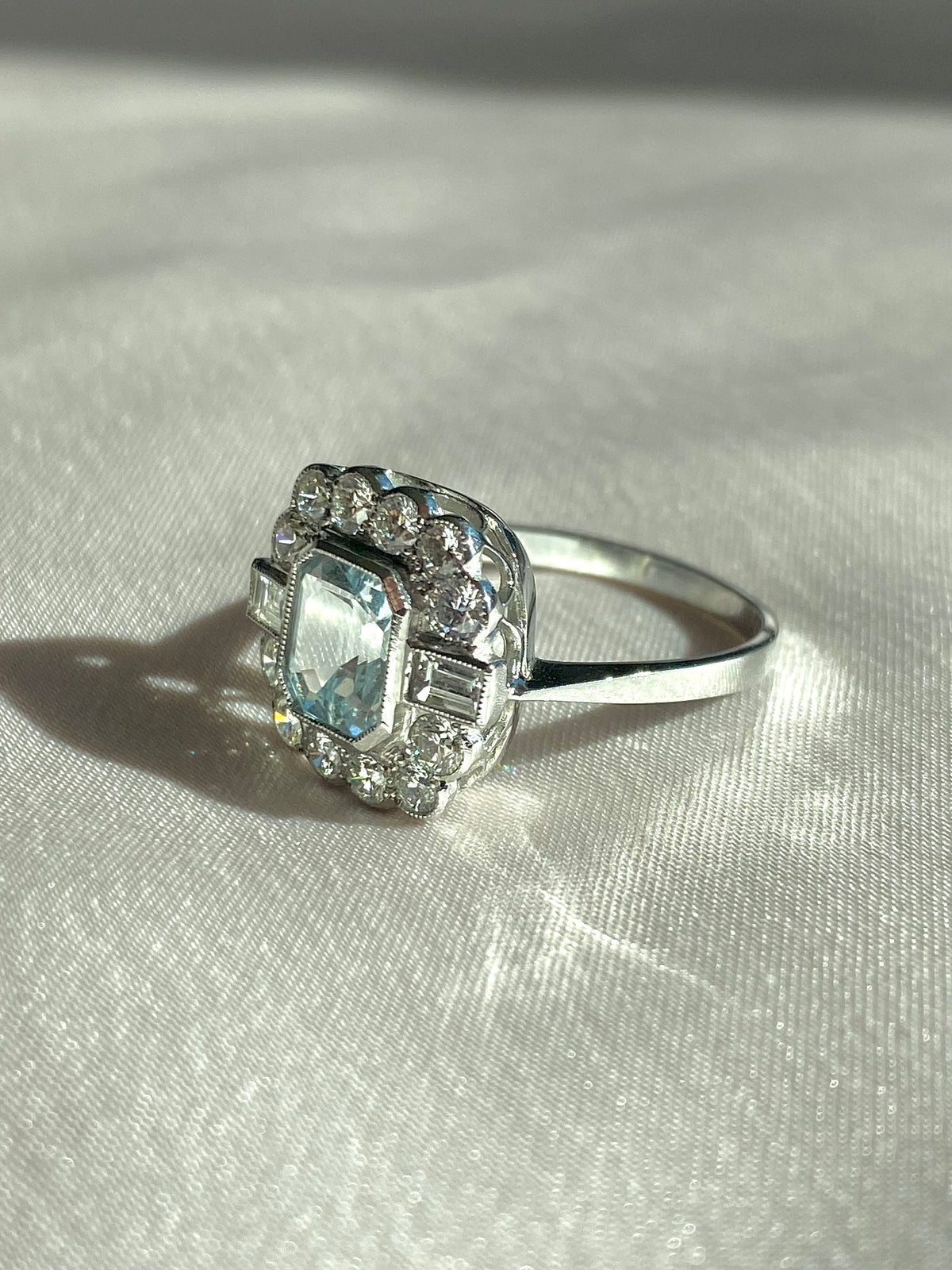 Vintage Platinum Aquamarine Diamond Cluster Ring