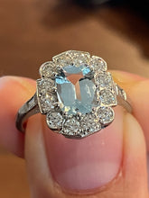 Load image into Gallery viewer, Vintage Platinum Aquamarine Diamond Deco Halo Ring 1.85 CTW
