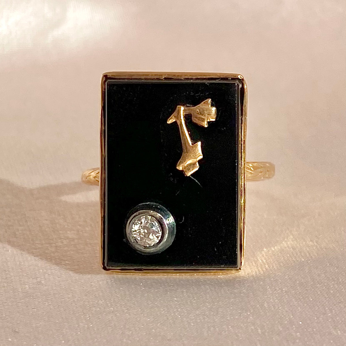 Antique 14k Onyx Diamond R Ring 1890s