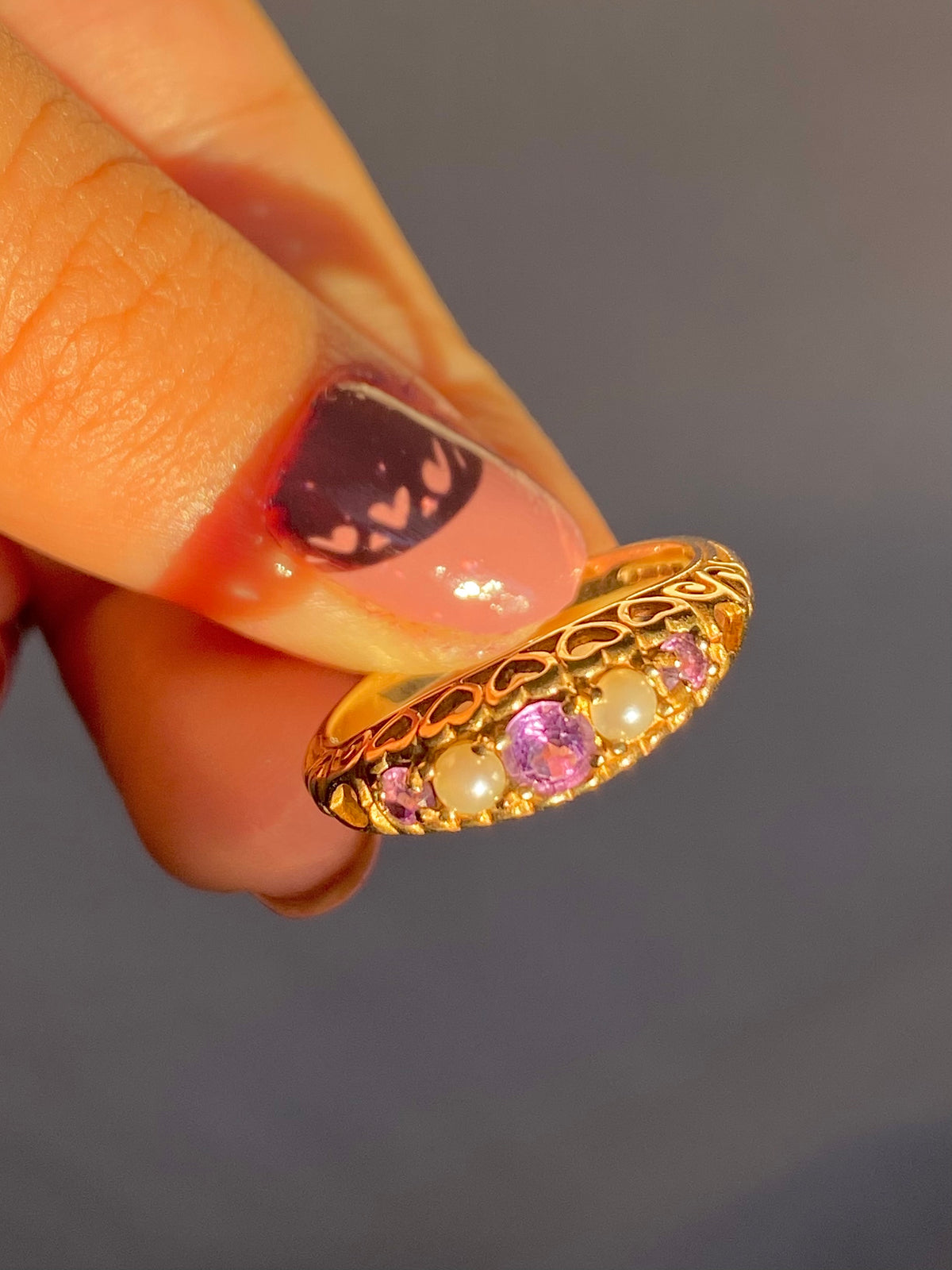 Vintage 9k Pearl Amethyst Heart Boat Ring
