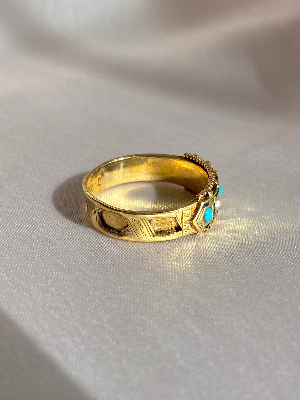 Antique 15k Turquoise Pearl Enamel Ring 1890