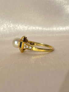 Vintage 18k Pearl Sapphire Diamond Cluster Ring