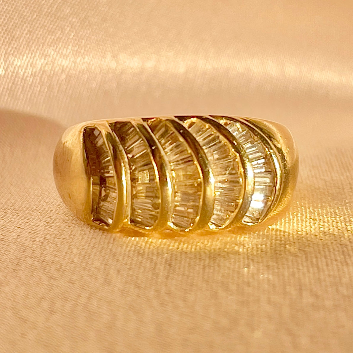 Vintage 14k Baguette Diamond Shell Bombe Ring