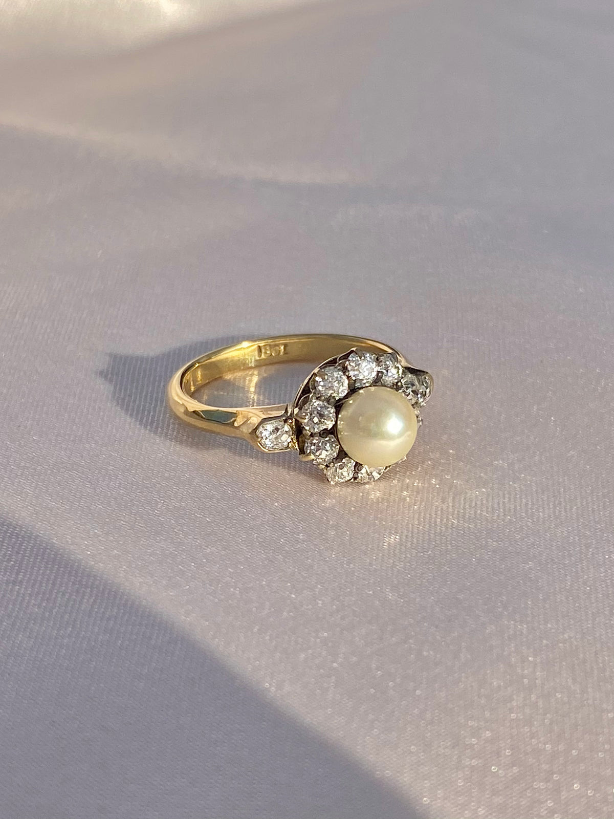 Antique 18k Deco Diamond Pearl Cluster Engagement Ring