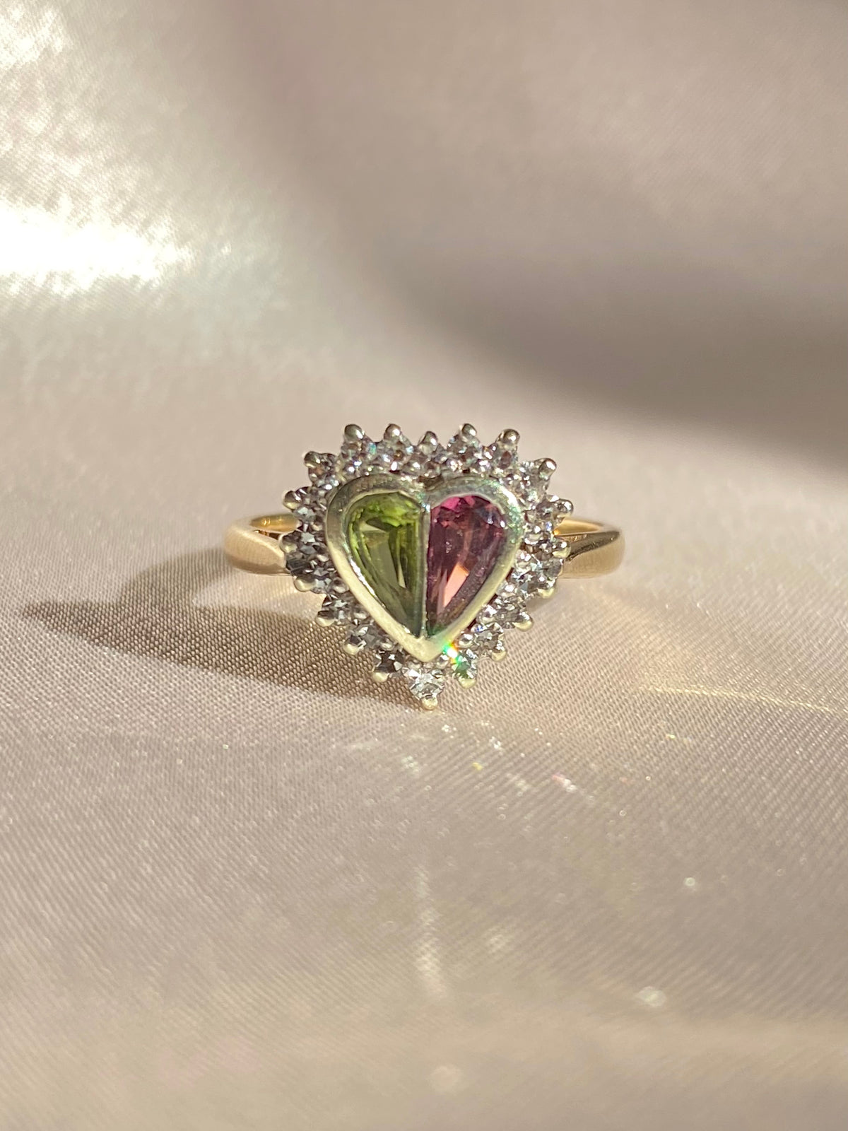 Vintage 9k Pink Green Tourmaline Diamond Heart Ring 1985