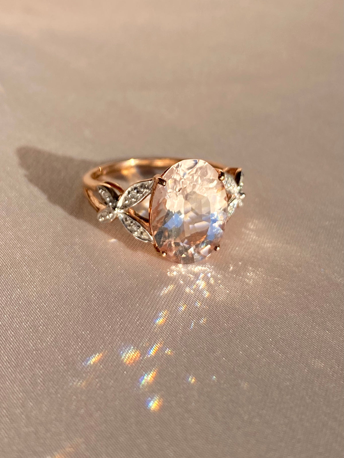 Vintage 9k Morganite Diamond Butterfly Ring