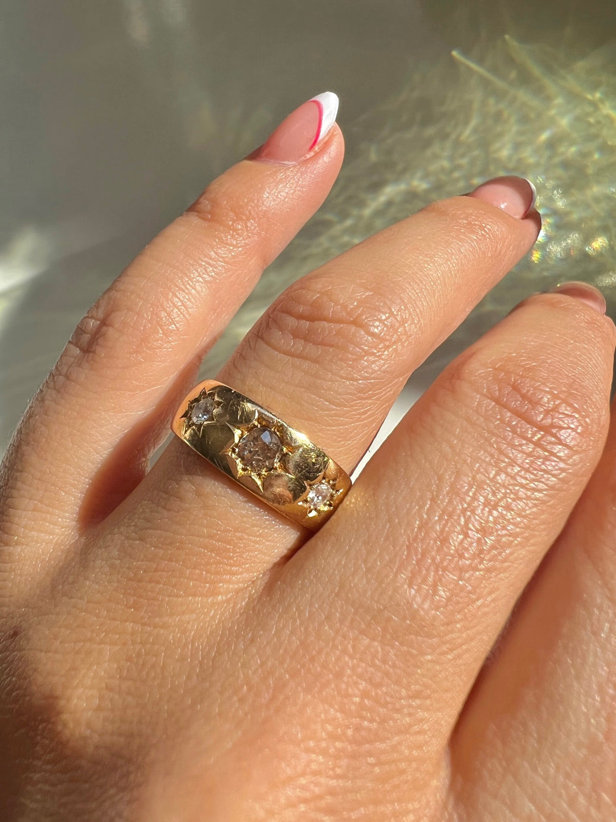 Antique 18k Diamond Starburst Champagne Trilogy Ring