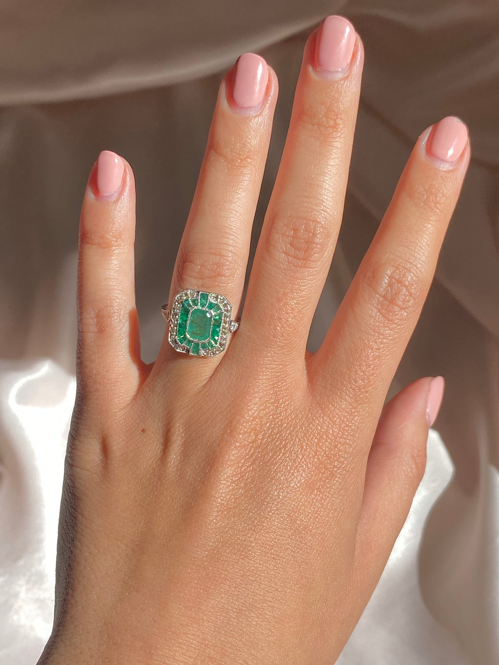 Platinum Emerald Rose Cut Diamond Ring