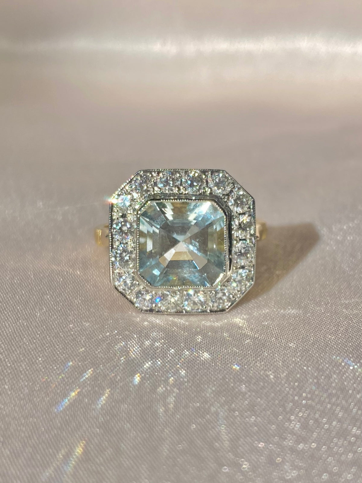 Vintage 18k Platinum Asscher Aquamarine Diamond Ring