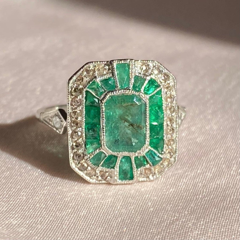 Platinum Emerald Rose Cut Diamond Ring