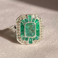 Platinum Emerald Rose Cut Diamond Ring