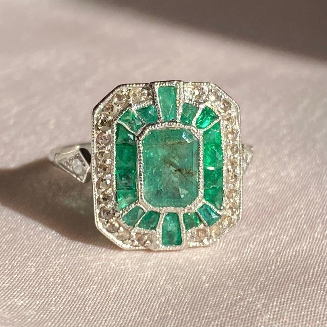 Platinum Emerald Rose Cut Diamond Ring