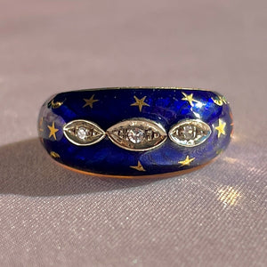 Vintage 18k Diamond Enamel Starry Bombe Ring