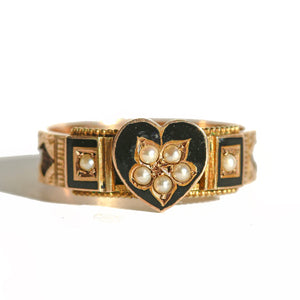 Antique 9k Pearl Enamel Heart Ring 1896