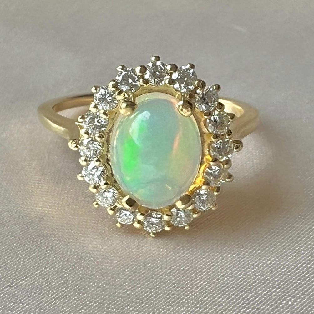 14k Opal Cabochon Diamond Halo Cluster Ring