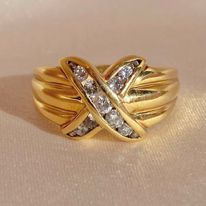 Vintage 10k Chunky Ribbed Diamond X Ring