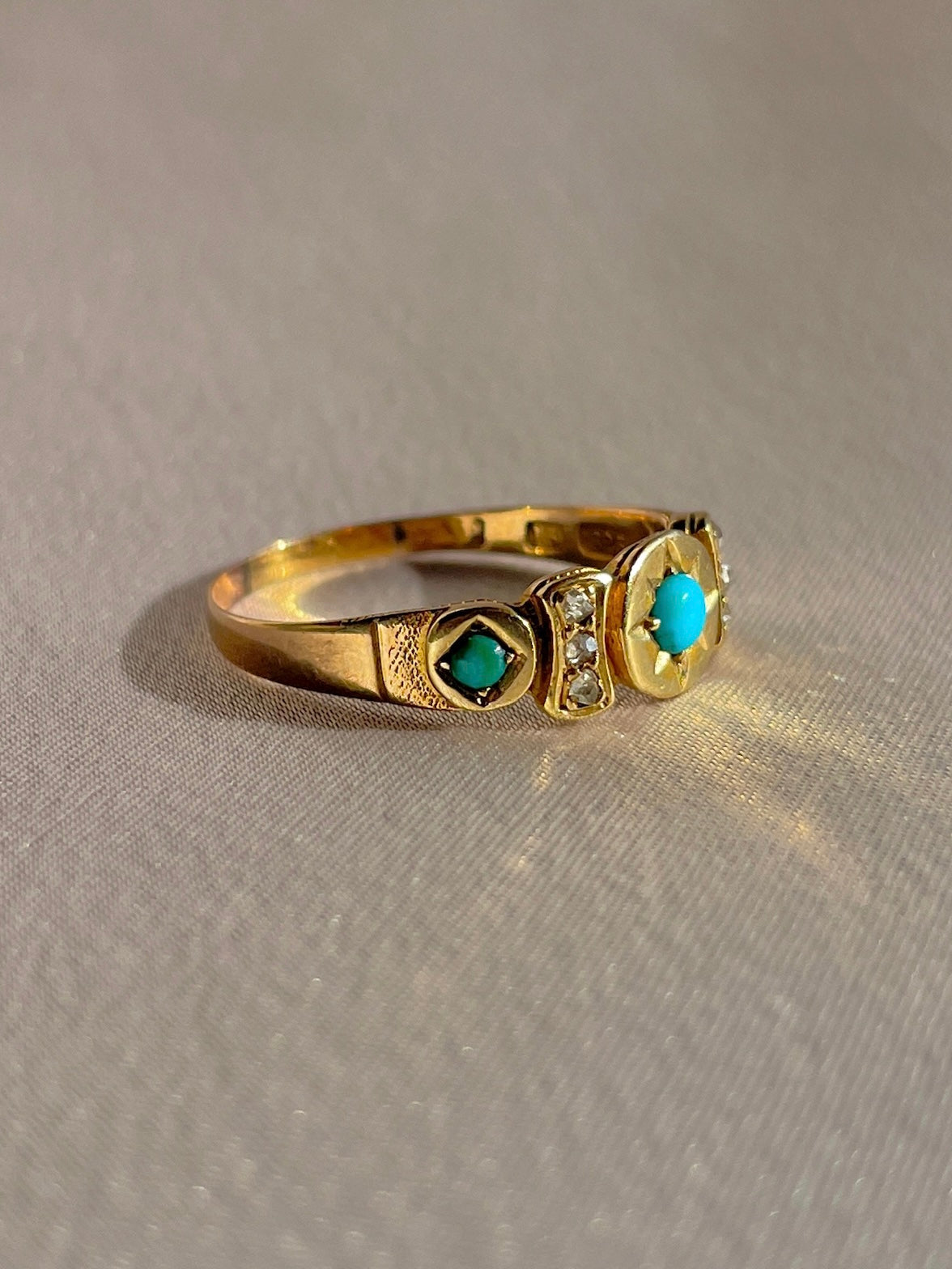 Antique 15k Turquoise Diamond Starburst Panel Ring 1891