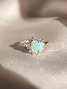 Vintage 14k White Gold Opal Diamond Halo Ring