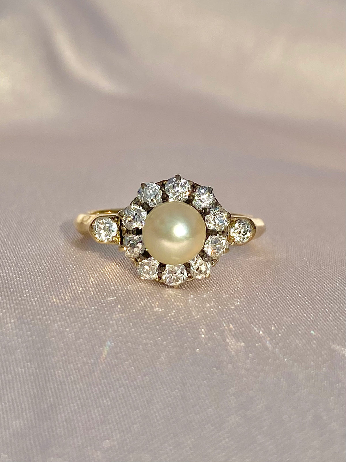 Antique 18k Deco Diamond Pearl Cluster Engagement Ring