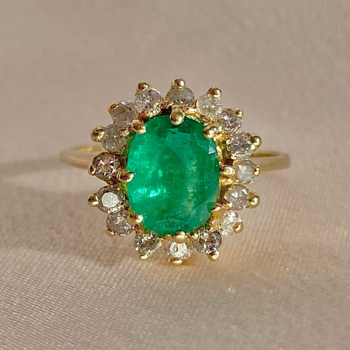 Vintage 14k Colombian Emerald Diamond Halo Ring