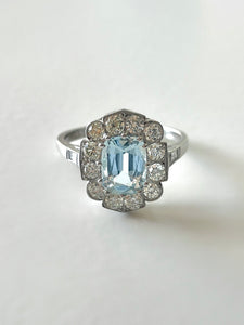 Vintage Platinum Aquamarine Diamond Deco Halo Ring 1.85 CTW