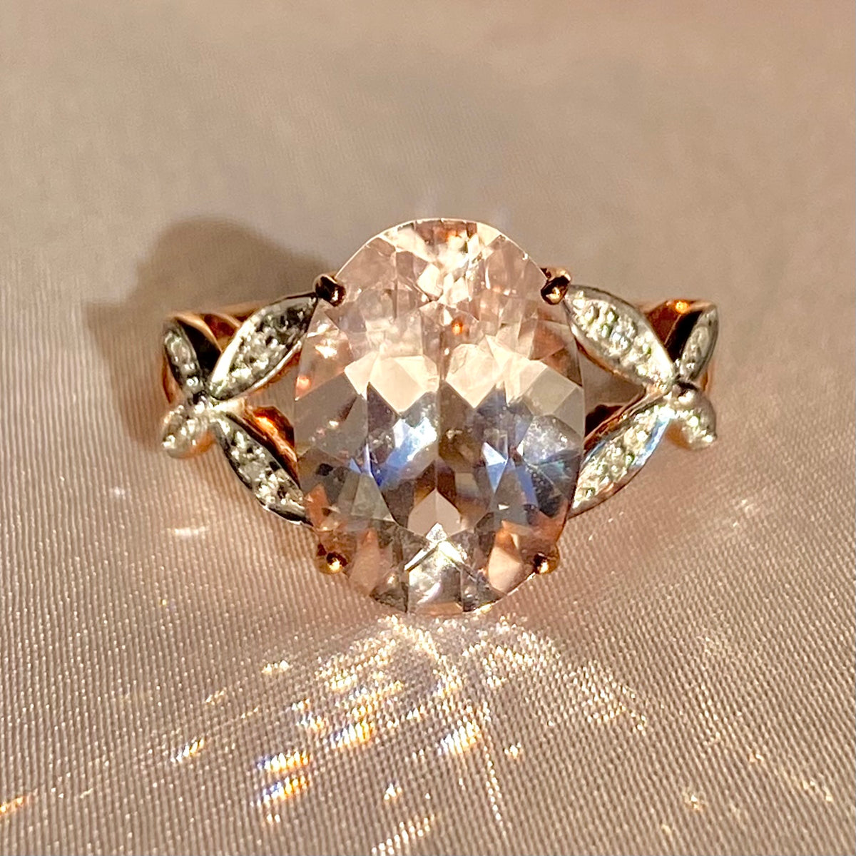 Vintage 9k Morganite Diamond Butterfly Ring