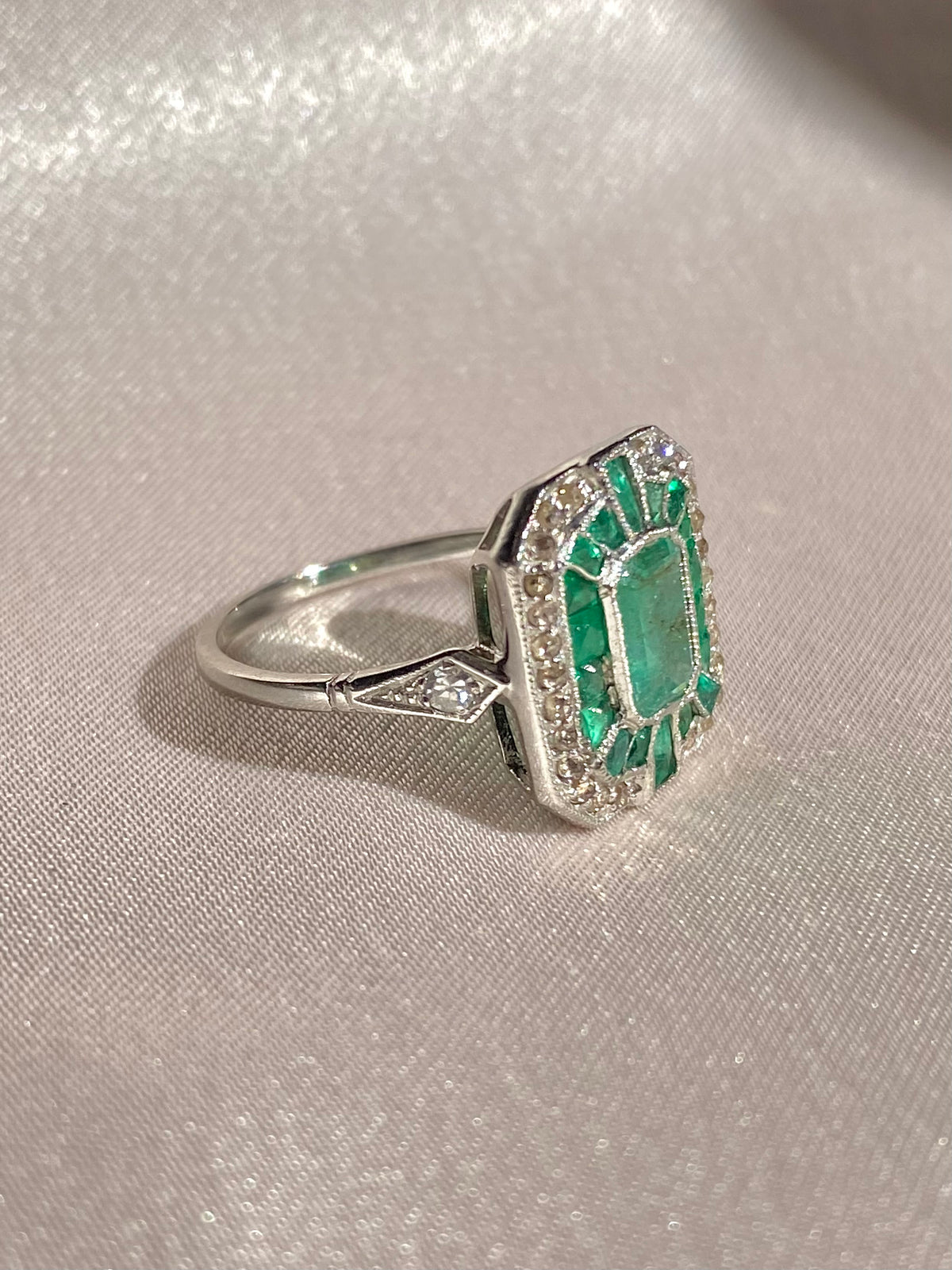 Platinum Emerald Rose Cut Diamond Ring