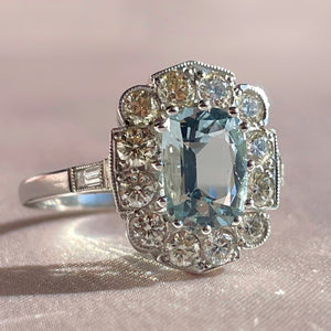 Vintage Platinum Aquamarine Diamond Deco Halo Ring 1.85 CTW