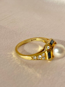 Vintage 18k Pearl Sapphire Diamond Cluster Ring