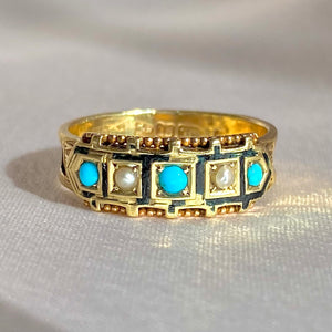 Antique 15k Turquoise Pearl Enamel Ring 1890
