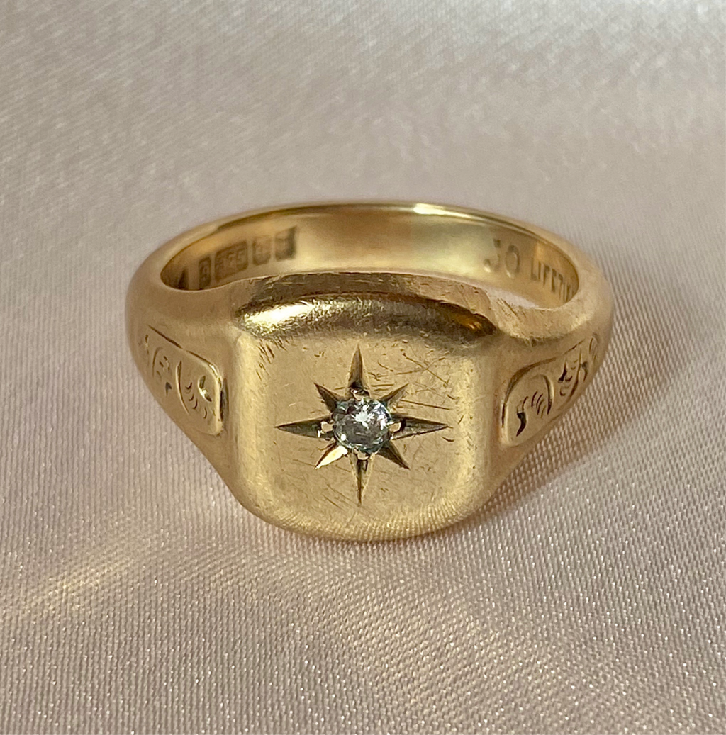 Vintage 9k Solitaire Diamond Gypsy Signet 1971