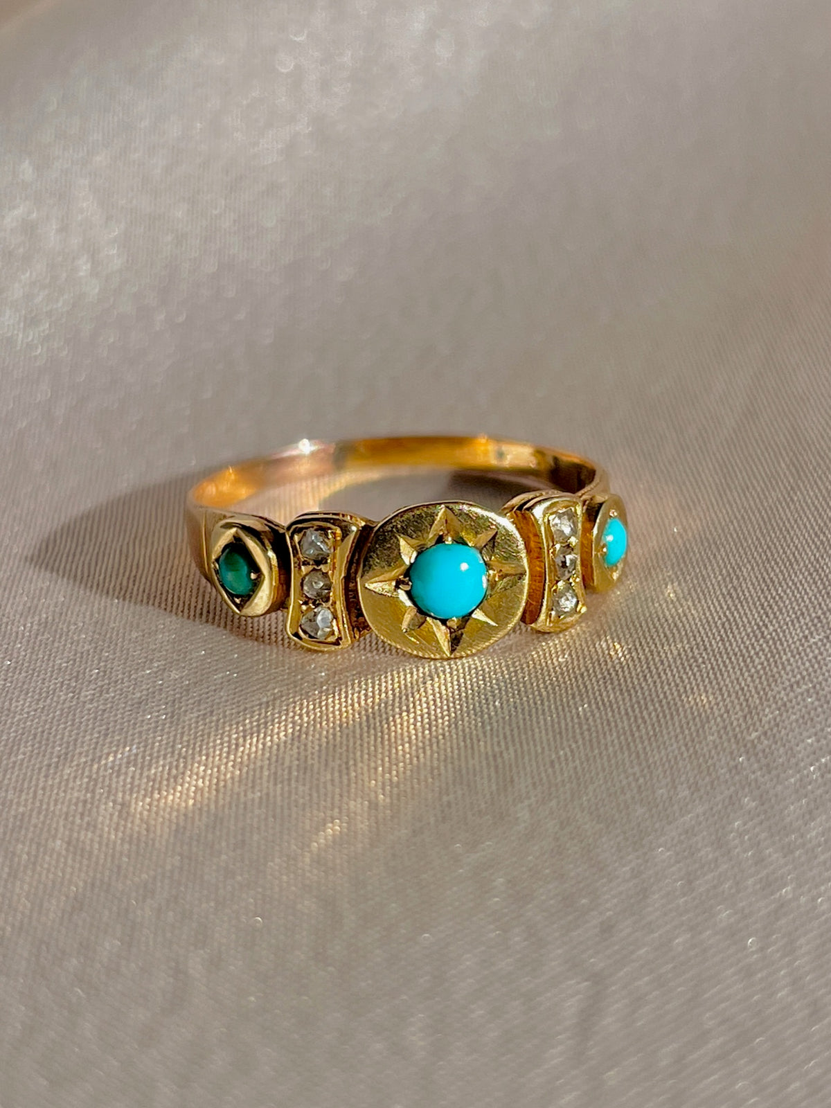 Antique 15k Turquoise Diamond Starburst Panel Ring 1891