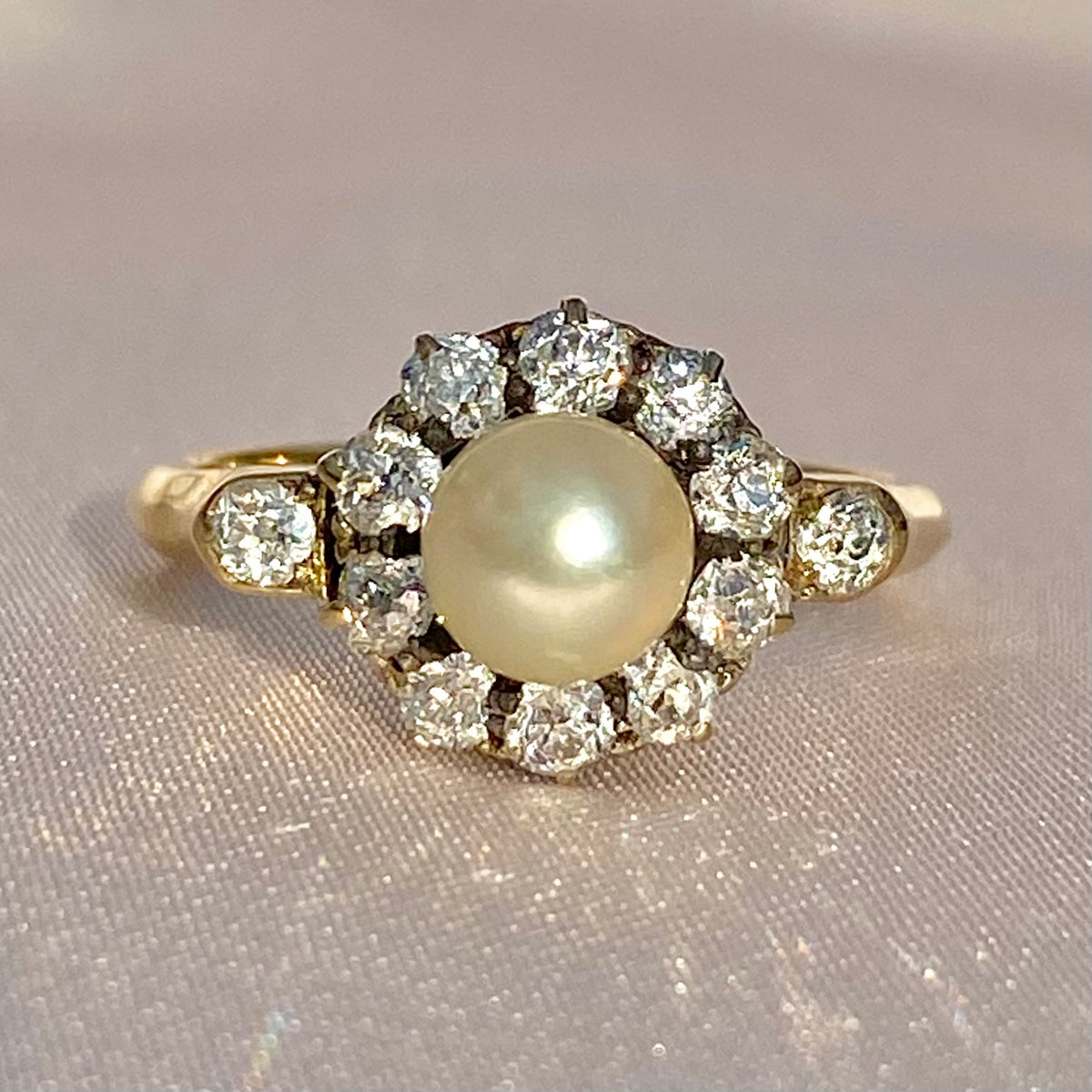 Antique 18k Deco Diamond Pearl Cluster Engagement Ring