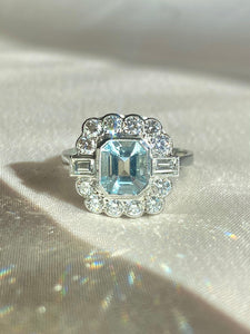 Vintage Platinum Aquamarine Diamond Cluster Ring