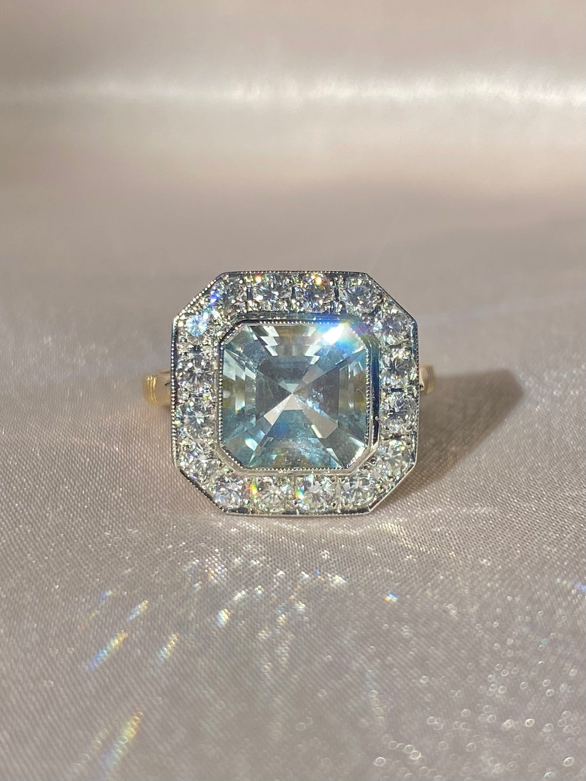 Vintage 18k Platinum Asscher Aquamarine Diamond Ring