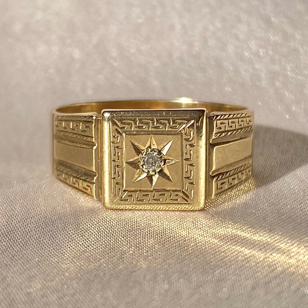 Antique 9k Starburst Diamond Signet Ring 1931