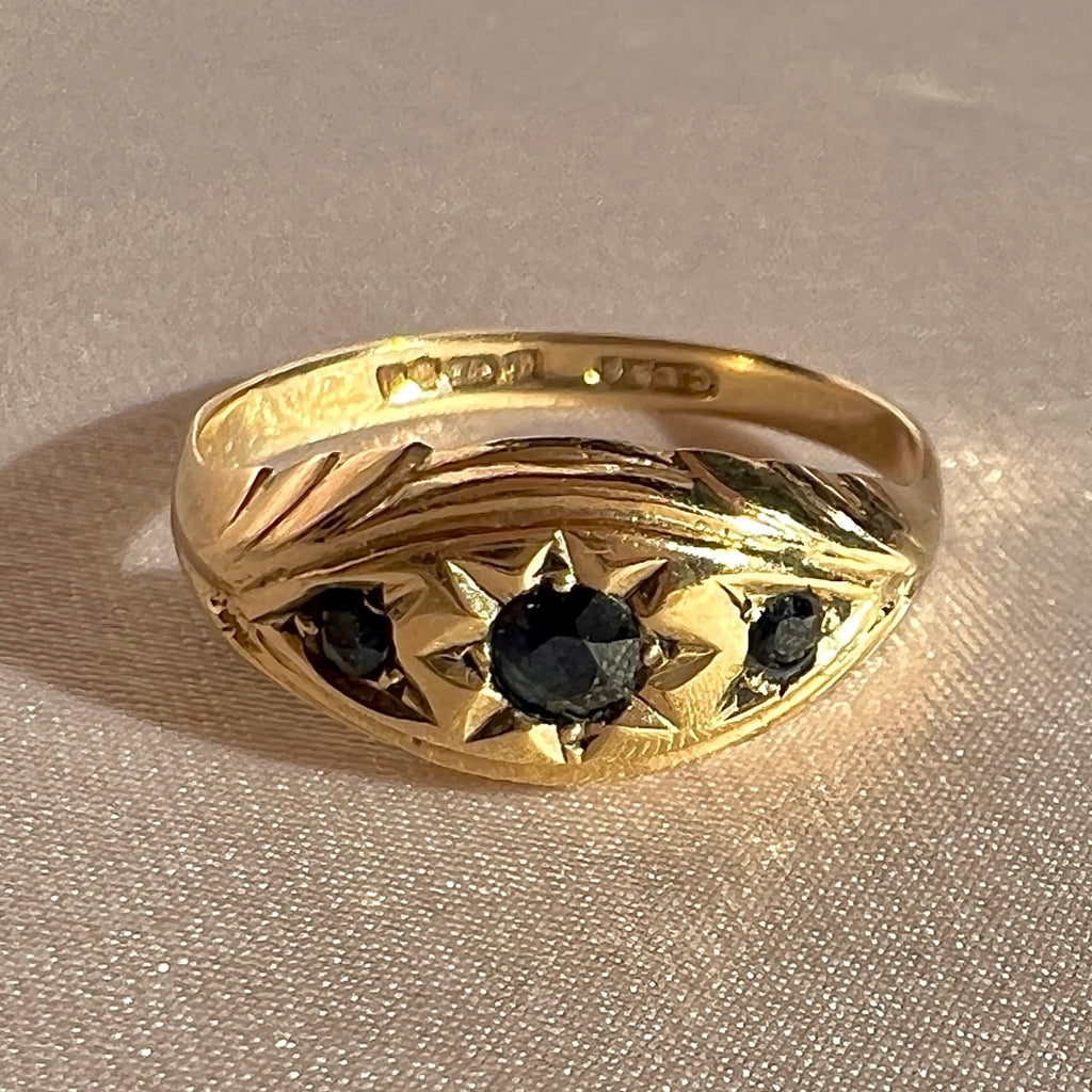 Vintage 9k Sapphire Starburst Trilogy Boat Ring 1982