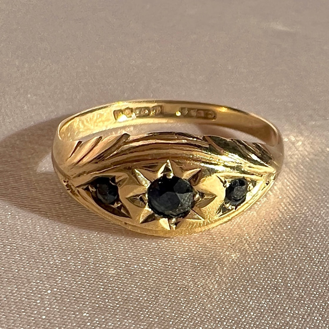 Vintage 9k Sapphire Starburst Trilogy Boat Ring 1982