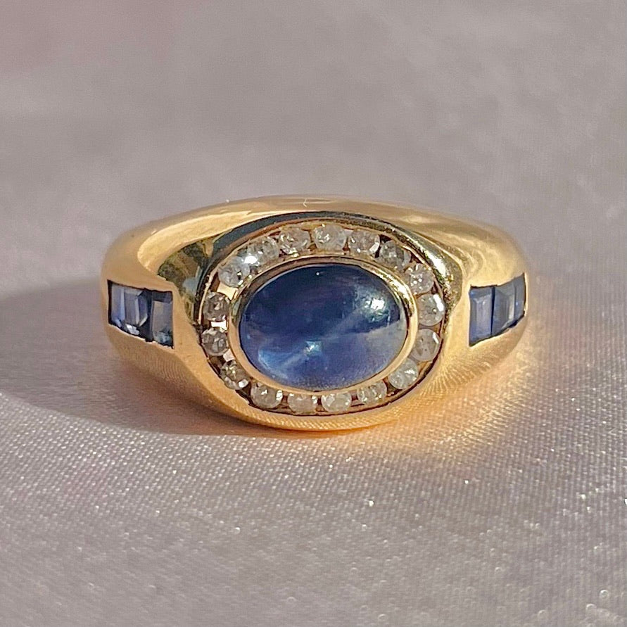 Vintage 14k Sapphire Cabochon Baguette Diamond Ring