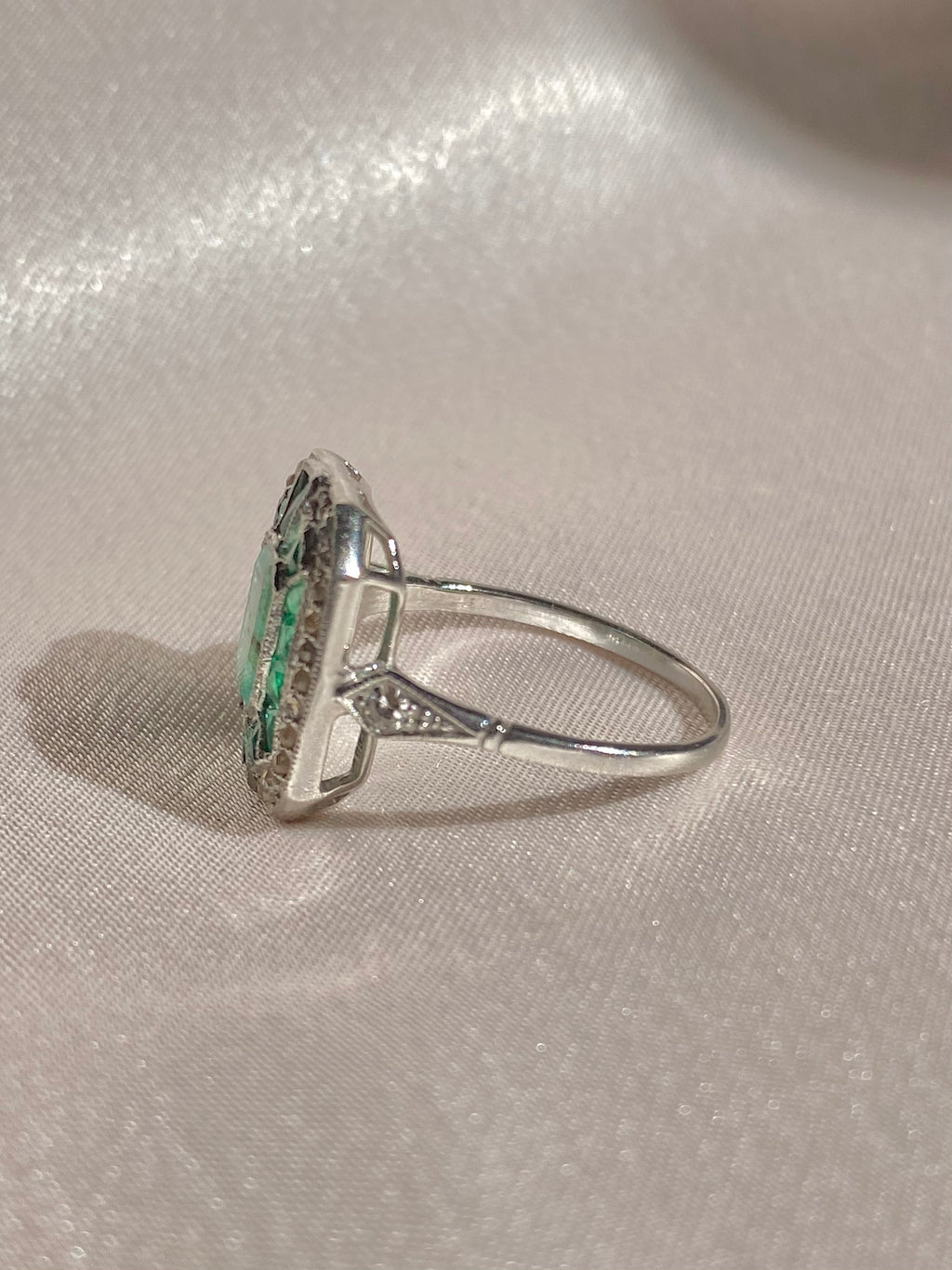 Platinum Emerald Rose Cut Diamond Ring